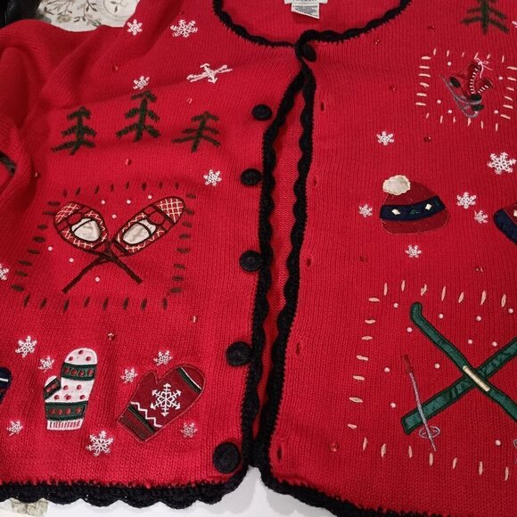 Ugly Christmas Cardigan Sweater Red & Black Crochet Trim Rami Cotton Blend Sz LG - Picture 6 of 11